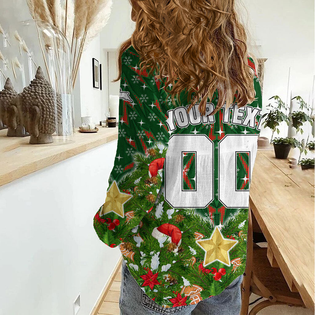 Personalised Rabbitohs Rugby Christmas Women Casual Shirt Santa Rugby Mascot - Pine Wreath Festive