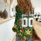 Personalised Rabbitohs Rugby Christmas Women Casual Shirt Santa Rugby Mascot - Pine Wreath Festive