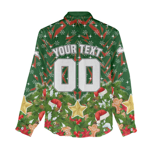 Personalised Rabbitohs Rugby Christmas Women Casual Shirt Santa Rugby Mascot - Pine Wreath Festive
