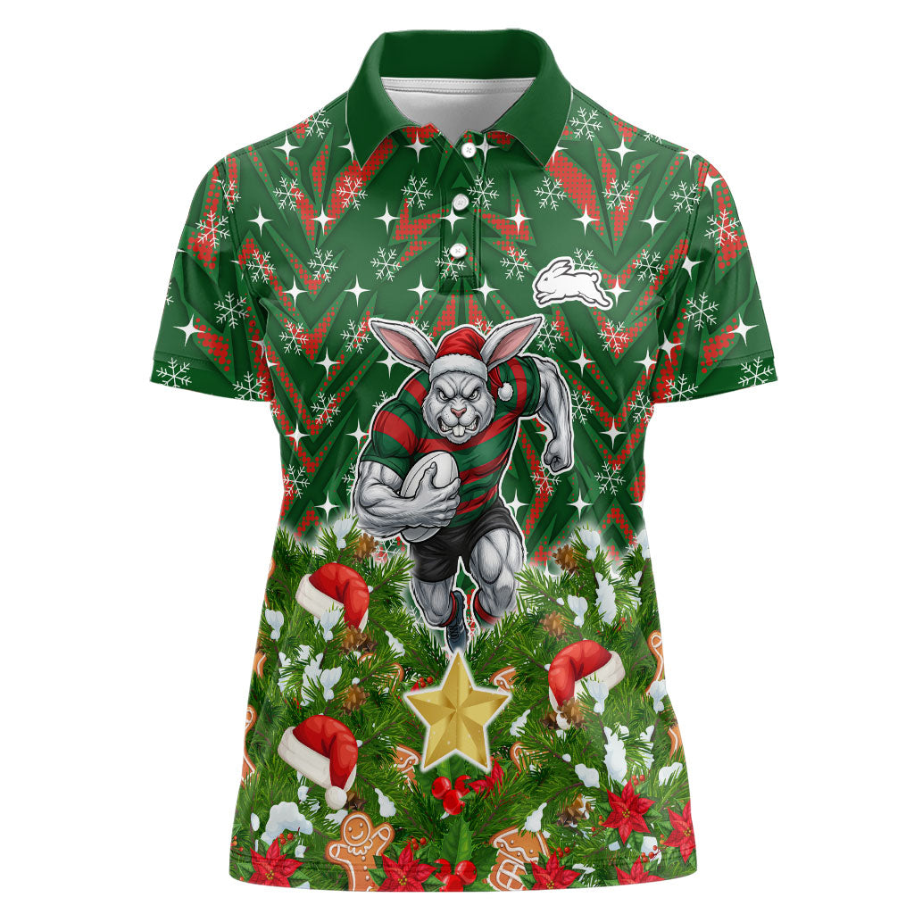 Personalised Rabbitohs Rugby Christmas Women Polo Shirt Santa Rugby Mascot - Pine Wreath Festive