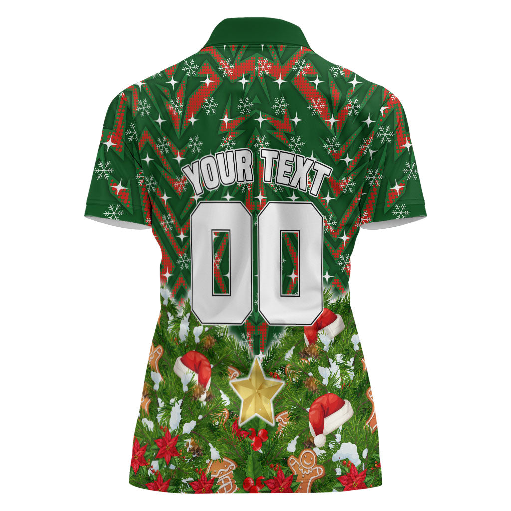 Personalised Rabbitohs Rugby Christmas Women Polo Shirt Santa Rugby Mascot - Pine Wreath Festive