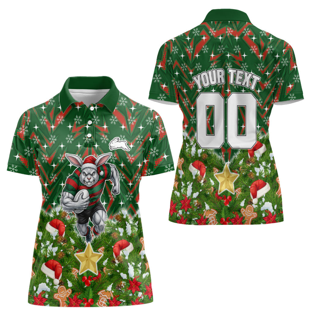 Personalised Rabbitohs Rugby Christmas Women Polo Shirt Santa Rugby Mascot - Pine Wreath Festive