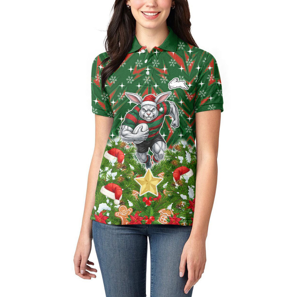 Personalised Rabbitohs Rugby Christmas Women Polo Shirt Santa Rugby Mascot - Pine Wreath Festive