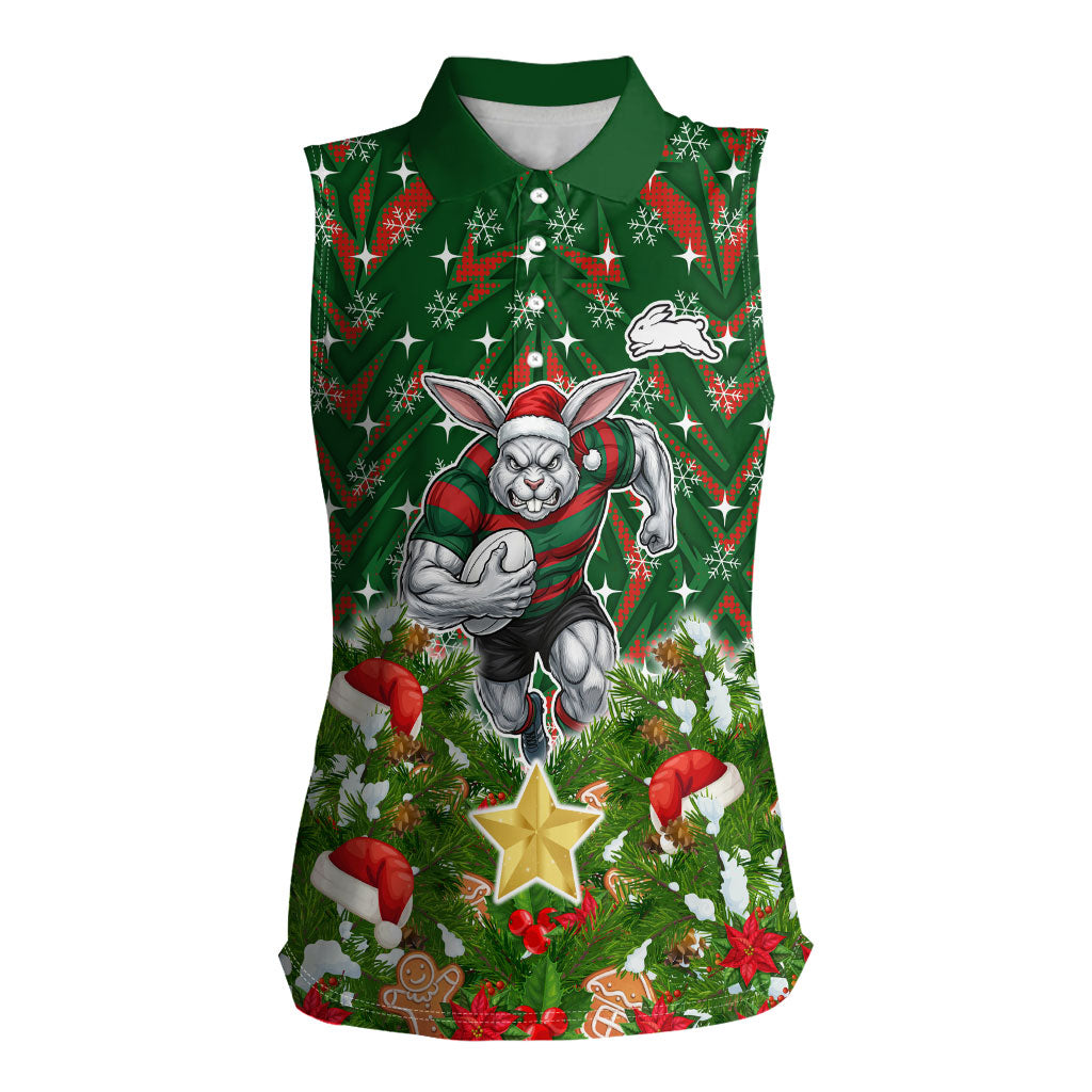 Personalised Rabbitohs Rugby Christmas Women Sleeveless Polo Shirt Santa Rugby Mascot - Pine Wreath Festive