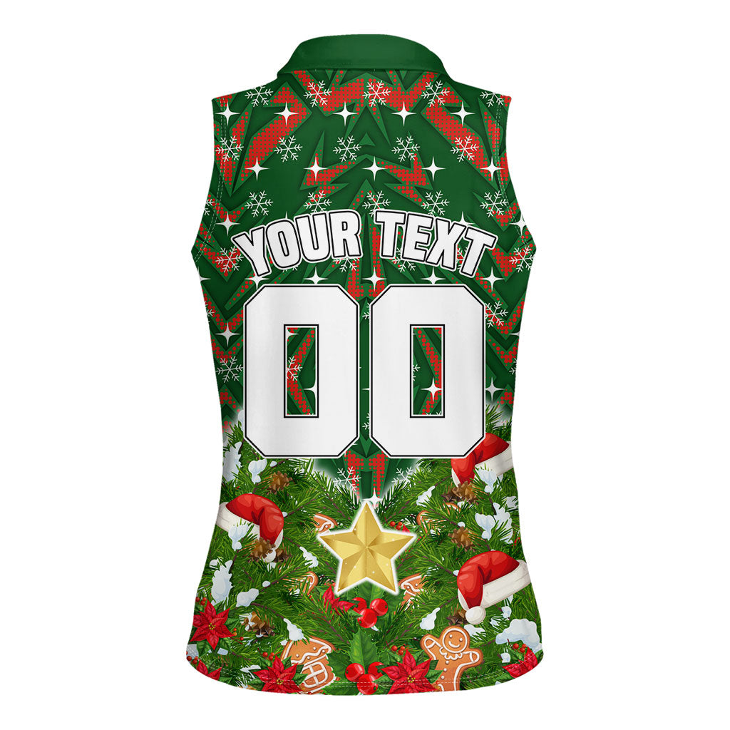 Personalised Rabbitohs Rugby Christmas Women Sleeveless Polo Shirt Santa Rugby Mascot - Pine Wreath Festive