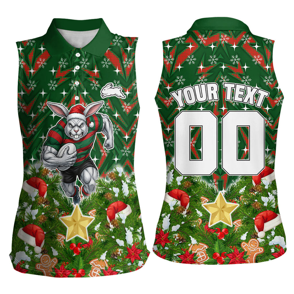 Personalised Rabbitohs Rugby Christmas Women Sleeveless Polo Shirt Santa Rugby Mascot - Pine Wreath Festive