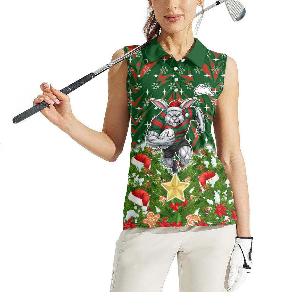 Personalised Rabbitohs Rugby Christmas Women Sleeveless Polo Shirt Santa Rugby Mascot - Pine Wreath Festive