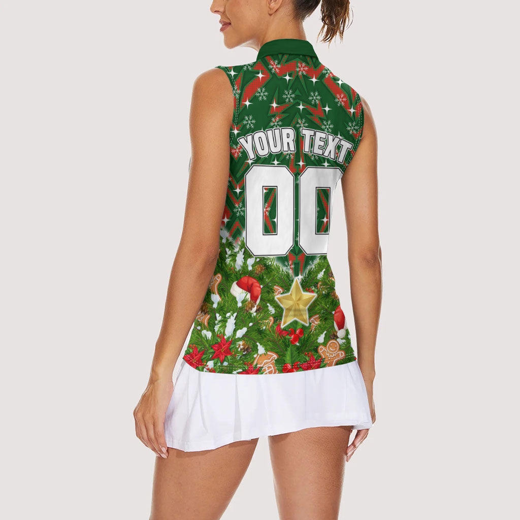 Personalised Rabbitohs Rugby Christmas Women Sleeveless Polo Shirt Santa Rugby Mascot - Pine Wreath Festive