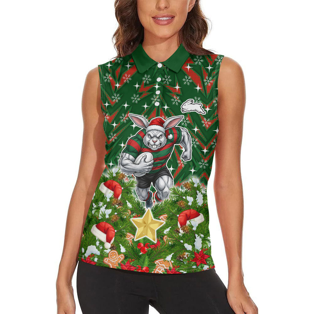 Personalised Rabbitohs Rugby Christmas Women Sleeveless Polo Shirt Santa Rugby Mascot - Pine Wreath Festive