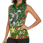 Personalised Rabbitohs Rugby Christmas Women Sleeveless Polo Shirt Santa Rugby Mascot - Pine Wreath Festive