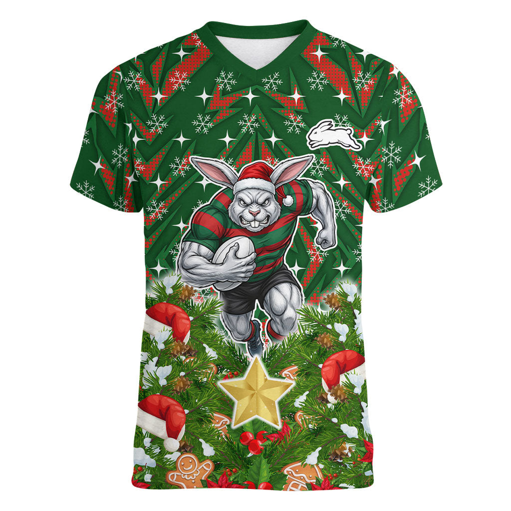 Personalised Rabbitohs Rugby Christmas Women V-Neck T-Shirt Santa Rugby Mascot - Pine Wreath Festive