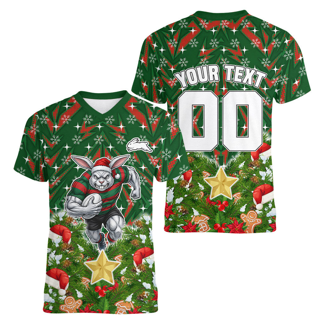 Personalised Rabbitohs Rugby Christmas Women V-Neck T-Shirt Santa Rugby Mascot - Pine Wreath Festive