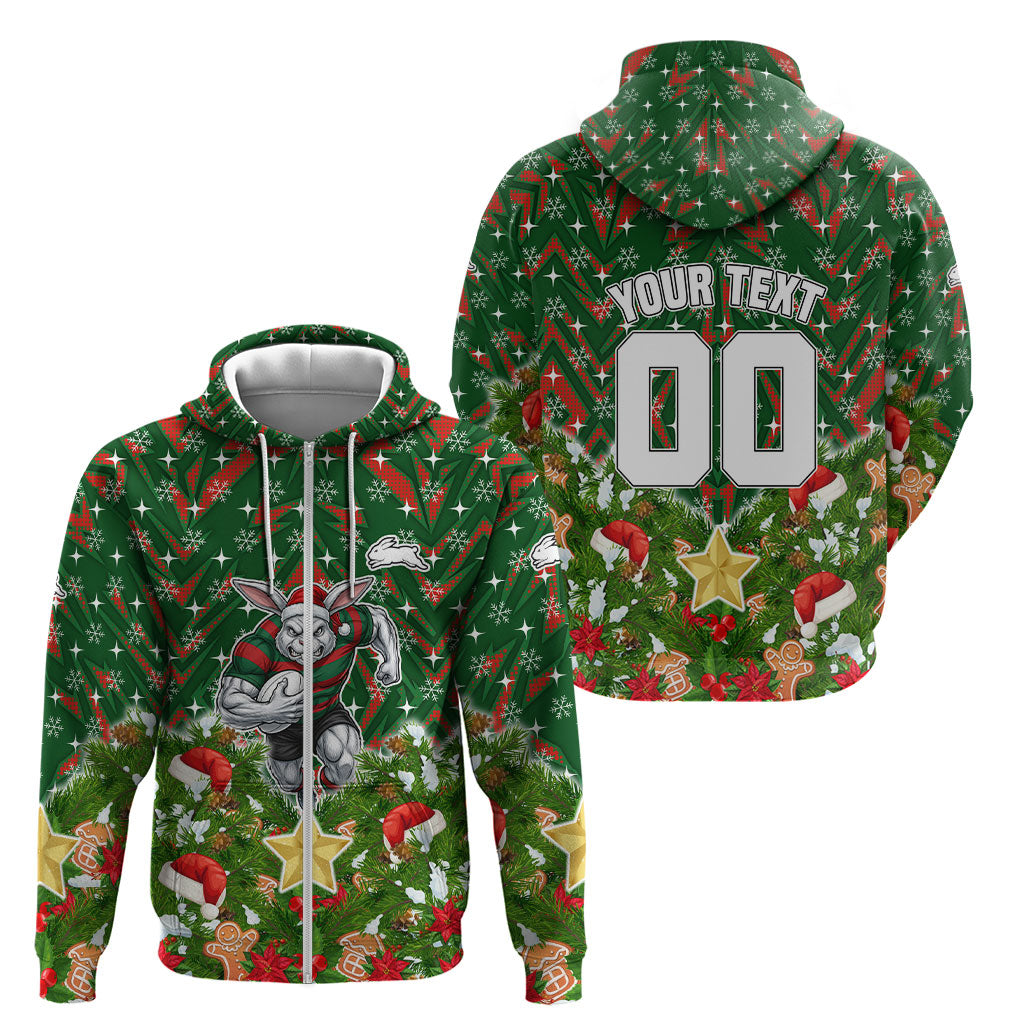 Personalised Rabbitohs Rugby Christmas Zip Hoodie Santa Rugby Mascot - Pine Wreath Festive