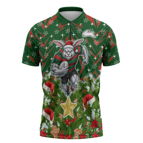 Personalised Rabbitohs Rugby Christmas Zipper Polo Shirt Santa Rugby Mascot - Pine Wreath Festive