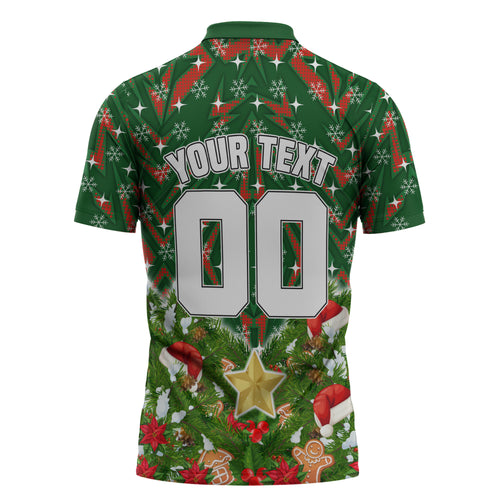 Personalised Rabbitohs Rugby Christmas Zipper Polo Shirt Santa Rugby Mascot - Pine Wreath Festive
