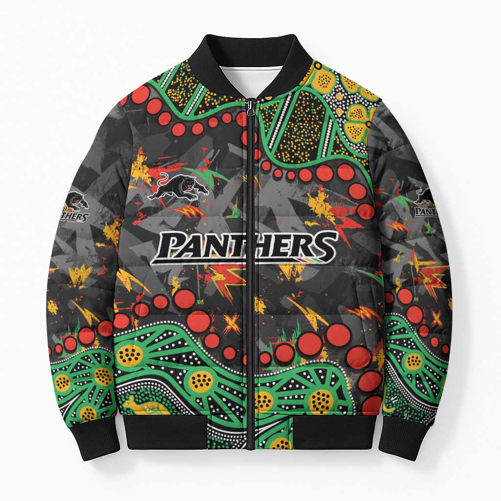 Personalized Penrith Panthers Bomber Puffer Jacket Aboriginal Pattern with Graffiti Style Design