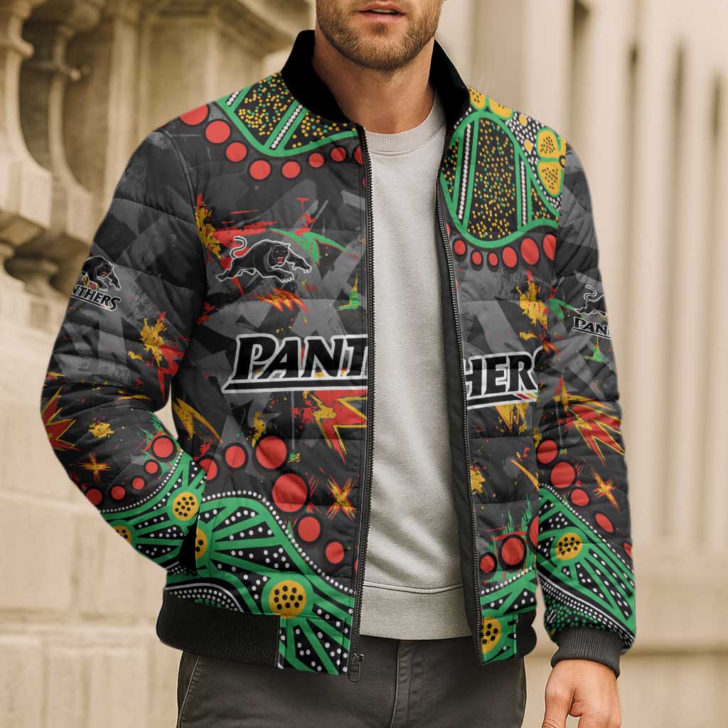 Personalized Penrith Panthers Bomber Puffer Jacket Aboriginal Pattern with Graffiti Style Design