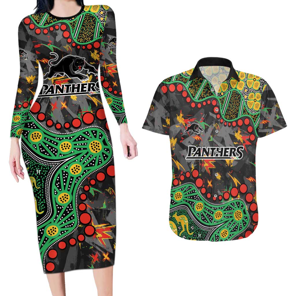 Personalized Penrith Panthers Couples Matching Long Sleeve Bodycon Dress and Hawaiian Shirt Aboriginal Pattern with Graffiti Style Design