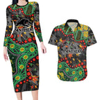 Personalized Penrith Panthers Couples Matching Long Sleeve Bodycon Dress and Hawaiian Shirt Aboriginal Pattern with Graffiti Style Design