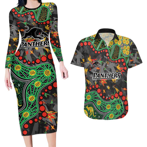 Personalized Penrith Panthers Couples Matching Long Sleeve Bodycon Dress and Hawaiian Shirt Aboriginal Pattern with Graffiti Style Design