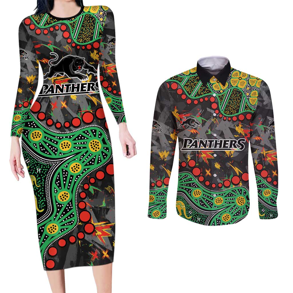 Personalized Penrith Panthers Couples Matching Long Sleeve Bodycon Dress and Long Sleeve Button Shirt Aboriginal Pattern with Graffiti Style Design