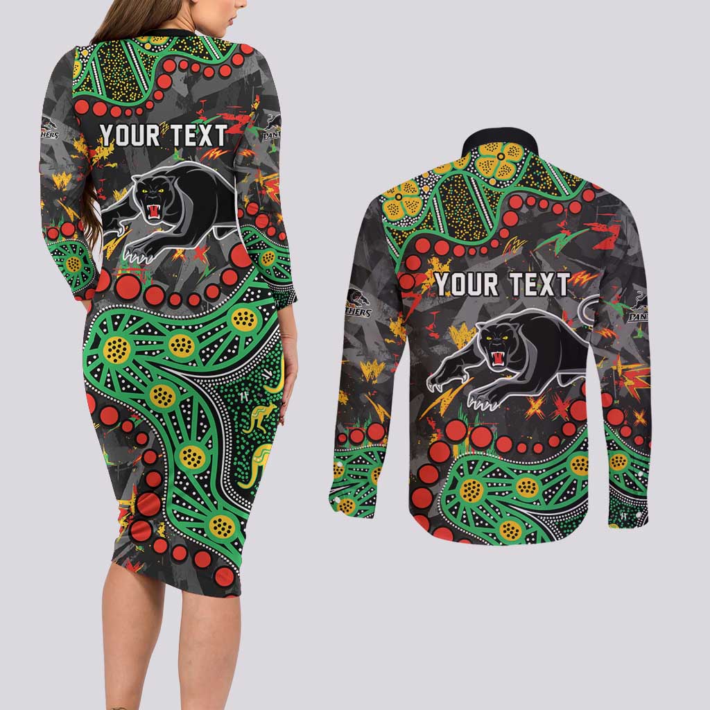 Personalized Penrith Panthers Couples Matching Long Sleeve Bodycon Dress and Long Sleeve Button Shirt Aboriginal Pattern with Graffiti Style Design