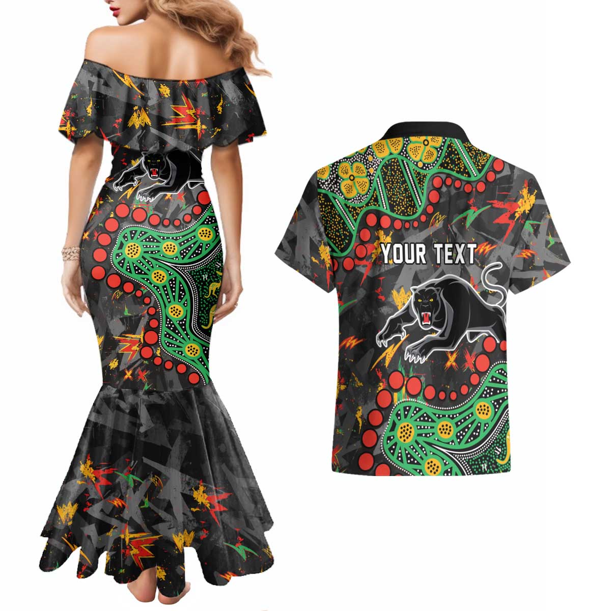 Personalized Penrith Panthers Couples Matching Mermaid Dress and Hawaiian Shirt Aboriginal Pattern with Graffiti Style Design