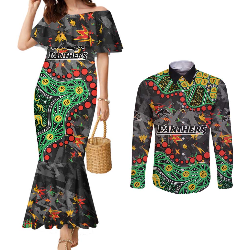 Personalized Penrith Panthers Couples Matching Mermaid Dress and Long Sleeve Button Shirt Aboriginal Pattern with Graffiti Style Design
