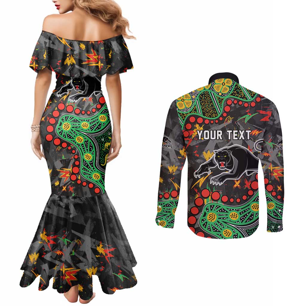 Personalized Penrith Panthers Couples Matching Mermaid Dress and Long Sleeve Button Shirt Aboriginal Pattern with Graffiti Style Design