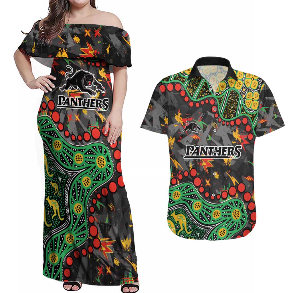 Personalized Penrith Panthers Couples Matching Off Shoulder Maxi Dress and Hawaiian Shirt Aboriginal Pattern with Graffiti Style Design