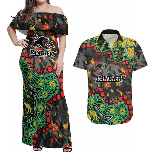 Personalized Penrith Panthers Couples Matching Off Shoulder Maxi Dress and Hawaiian Shirt Aboriginal Pattern with Graffiti Style Design