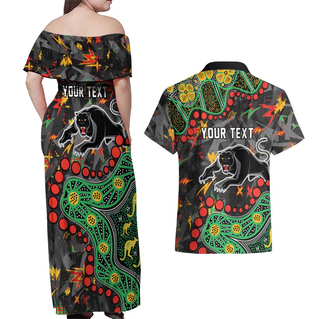 Personalized Penrith Panthers Couples Matching Off Shoulder Maxi Dress and Hawaiian Shirt Aboriginal Pattern with Graffiti Style Design