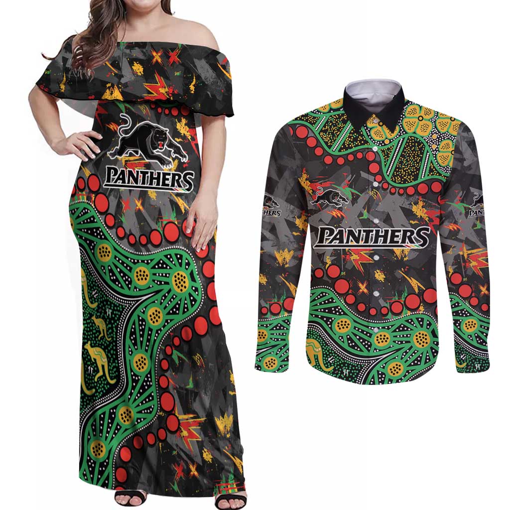 Personalized Penrith Panthers Couples Matching Off Shoulder Maxi Dress and Long Sleeve Button Shirt Aboriginal Pattern with Graffiti Style Design