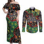 Personalized Penrith Panthers Couples Matching Off Shoulder Maxi Dress and Long Sleeve Button Shirt Aboriginal Pattern with Graffiti Style Design