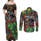Personalized Penrith Panthers Couples Matching Off Shoulder Maxi Dress and Long Sleeve Button Shirt Aboriginal Pattern with Graffiti Style Design