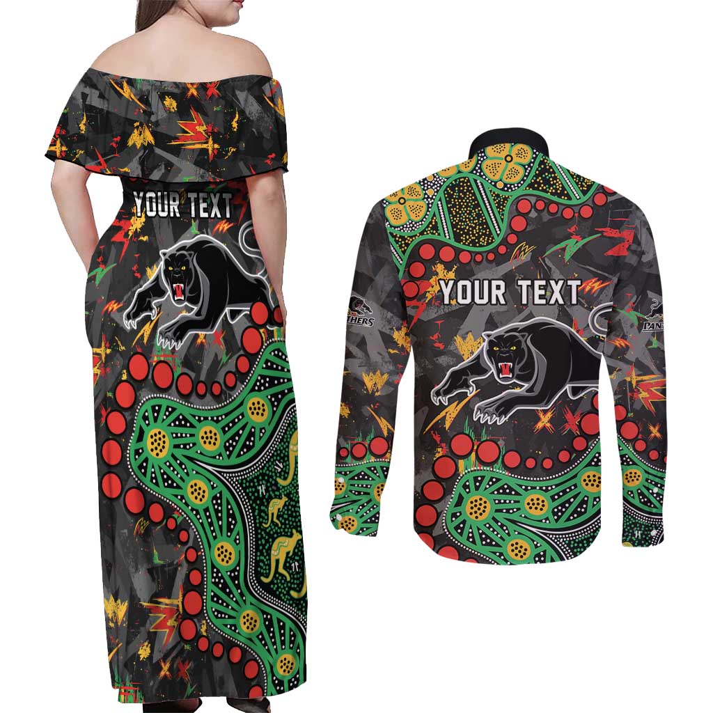 Personalized Penrith Panthers Couples Matching Off Shoulder Maxi Dress and Long Sleeve Button Shirt Aboriginal Pattern with Graffiti Style Design