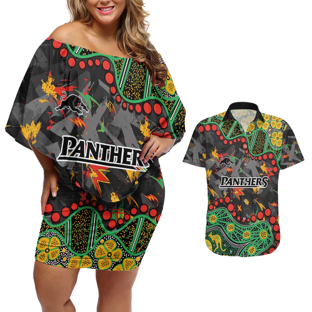 Personalized Penrith Panthers Couples Matching Off Shoulder Short Dress and Hawaiian Shirt Aboriginal Pattern with Graffiti Style Design
