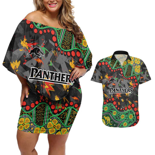 Personalized Penrith Panthers Couples Matching Off Shoulder Short Dress and Hawaiian Shirt Aboriginal Pattern with Graffiti Style Design