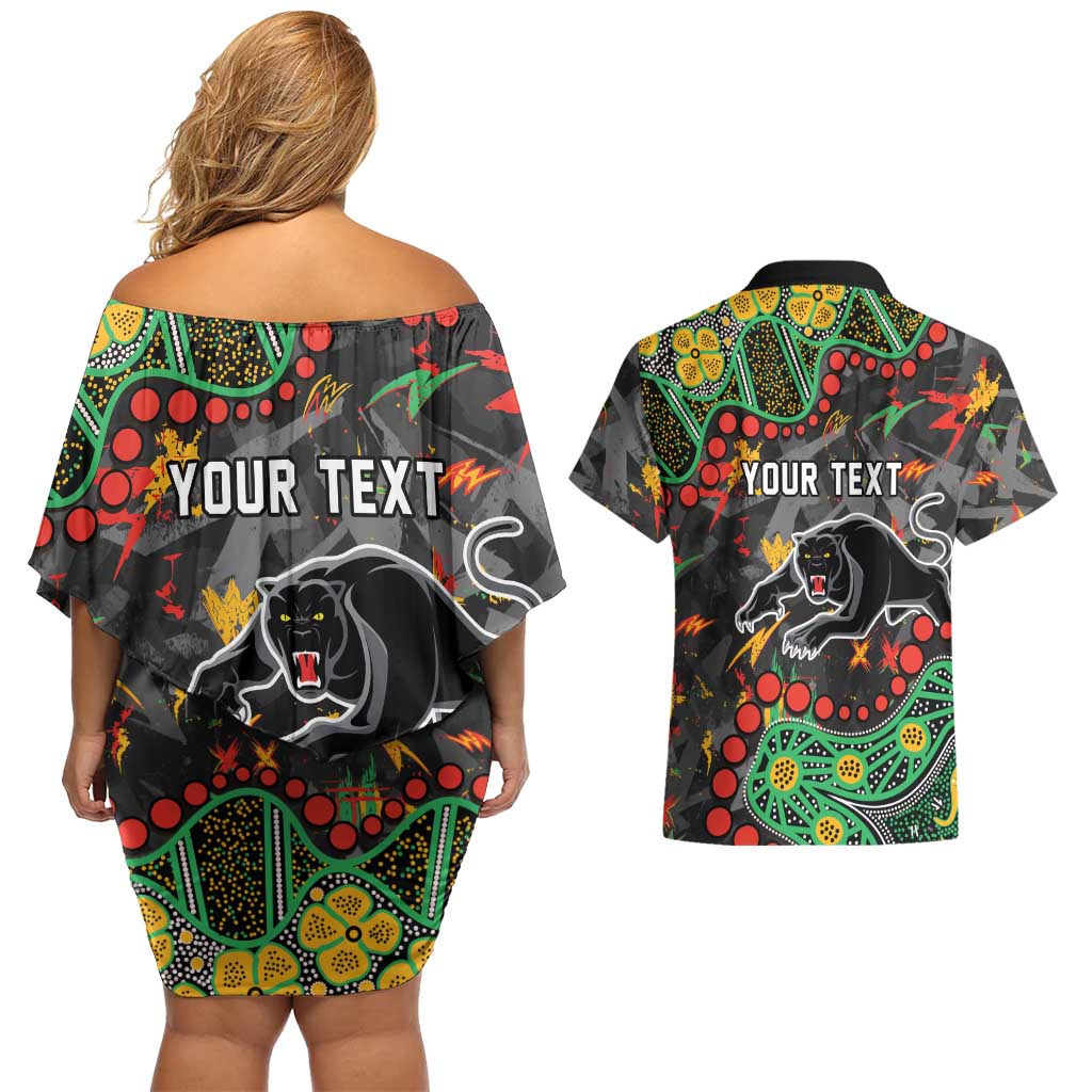 Personalized Penrith Panthers Couples Matching Off Shoulder Short Dress and Hawaiian Shirt Aboriginal Pattern with Graffiti Style Design