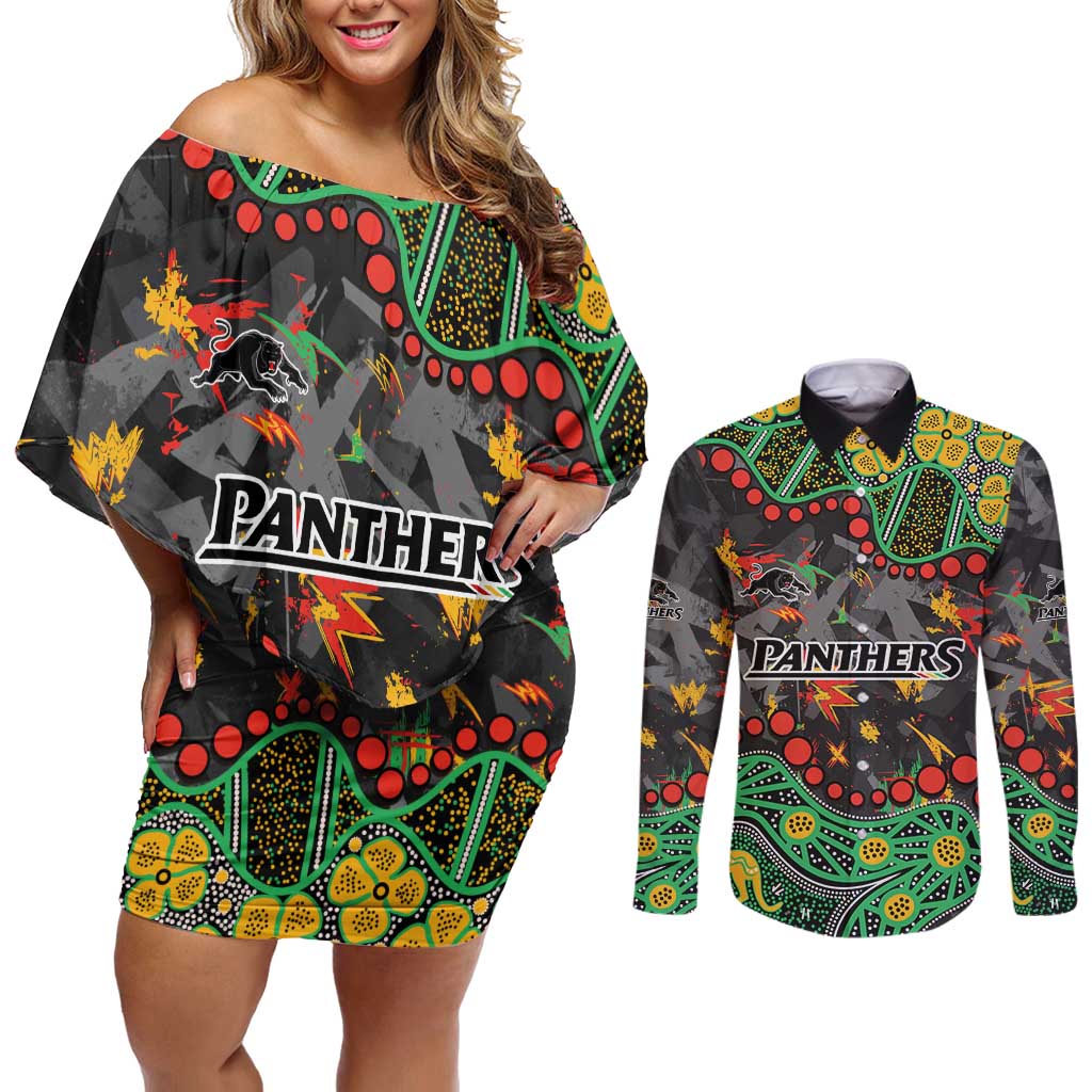Personalized Penrith Panthers Couples Matching Off Shoulder Short Dress and Long Sleeve Button Shirt Aboriginal Pattern with Graffiti Style Design