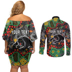 Personalized Penrith Panthers Couples Matching Off Shoulder Short Dress and Long Sleeve Button Shirt Aboriginal Pattern with Graffiti Style Design