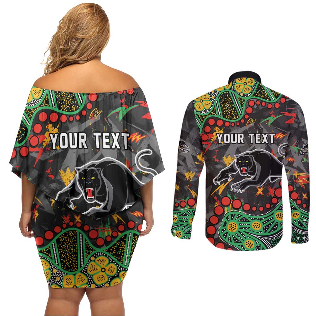 Personalized Penrith Panthers Couples Matching Off Shoulder Short Dress and Long Sleeve Button Shirt Aboriginal Pattern with Graffiti Style Design