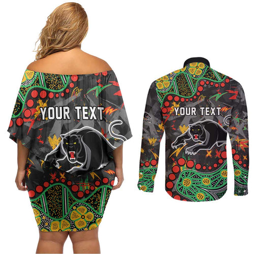 Personalized Penrith Panthers Couples Matching Off Shoulder Short Dress and Long Sleeve Button Shirt Aboriginal Pattern with Graffiti Style Design
