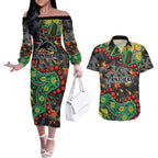 Personalized Penrith Panthers Couples Matching Off The Shoulder Long Sleeve Dress and Hawaiian Shirt Aboriginal Pattern with Graffiti Style Design