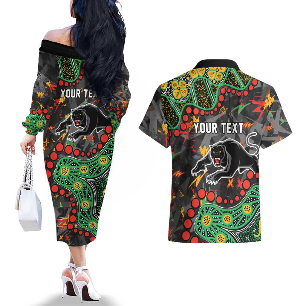 Personalized Penrith Panthers Couples Matching Off The Shoulder Long Sleeve Dress and Hawaiian Shirt Aboriginal Pattern with Graffiti Style Design