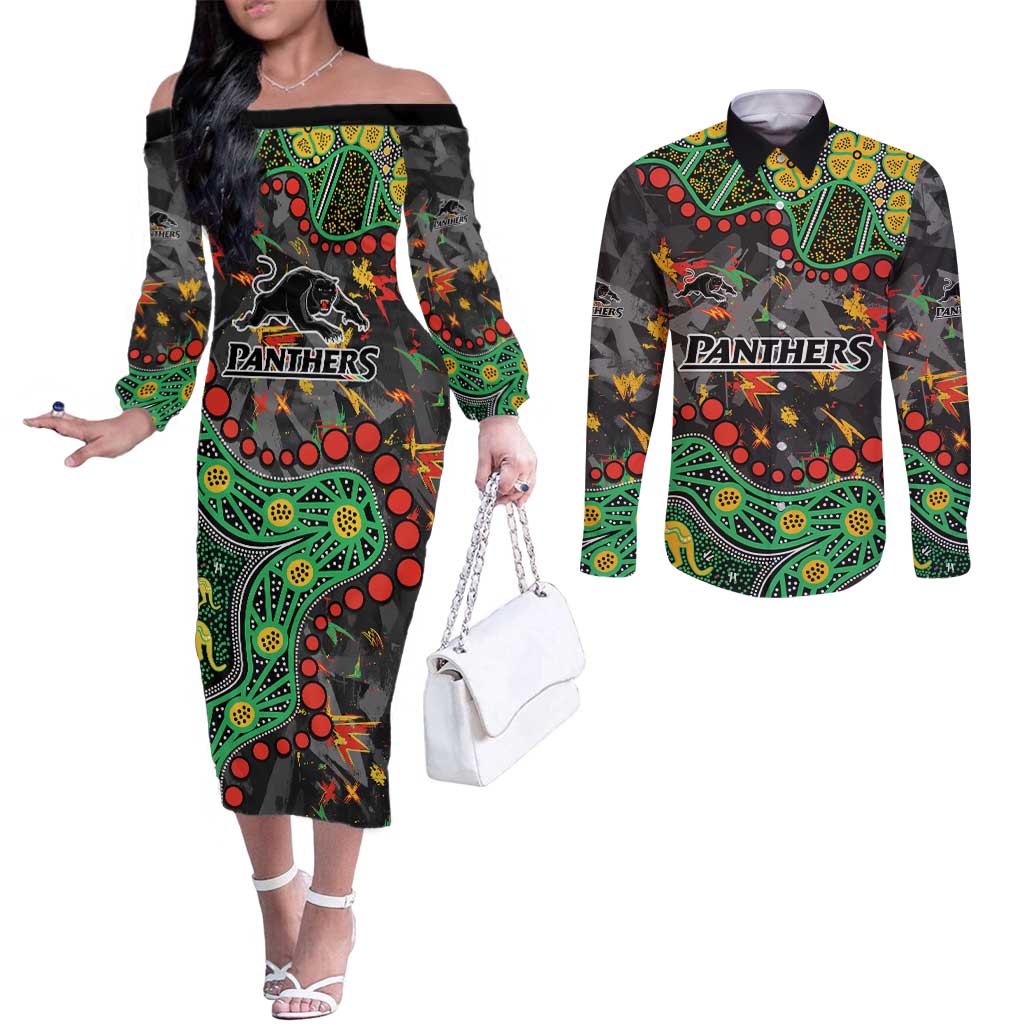 Personalized Penrith Panthers Couples Matching Off The Shoulder Long Sleeve Dress and Long Sleeve Button Shirt Aboriginal Pattern with Graffiti Style Design