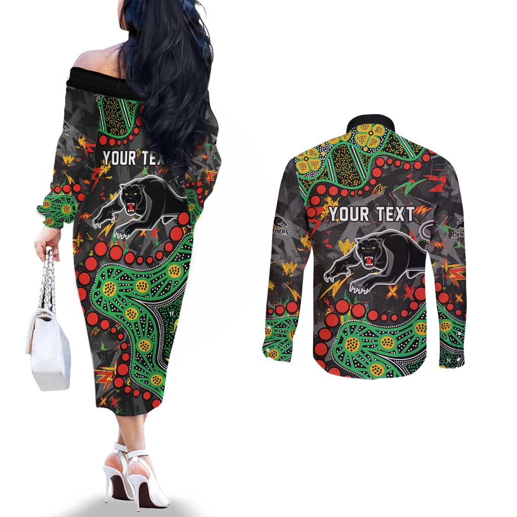 Personalized Penrith Panthers Couples Matching Off The Shoulder Long Sleeve Dress and Long Sleeve Button Shirt Aboriginal Pattern with Graffiti Style Design
