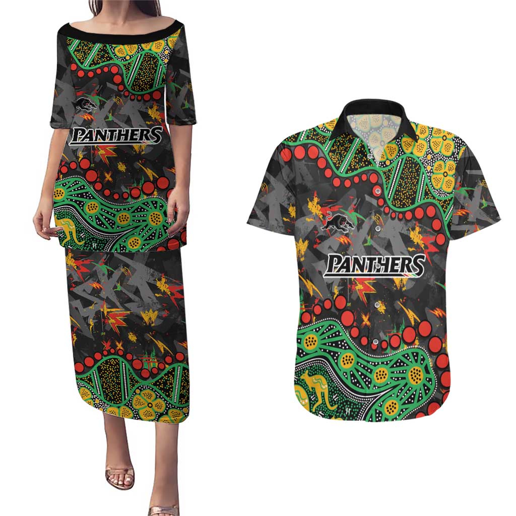 Personalized Penrith Panthers Couples Matching Puletasi and Hawaiian Shirt Aboriginal Pattern with Graffiti Style Design