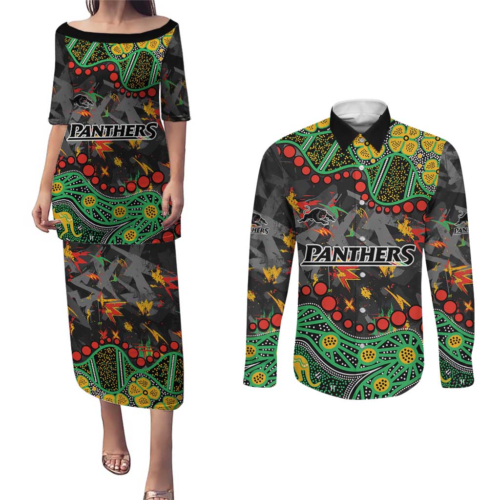 Personalized Penrith Panthers Couples Matching Puletasi and Long Sleeve Button Shirt Aboriginal Pattern with Graffiti Style Design
