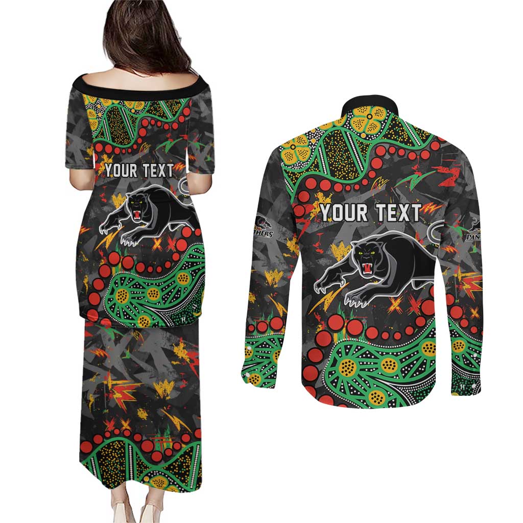 Personalized Penrith Panthers Couples Matching Puletasi and Long Sleeve Button Shirt Aboriginal Pattern with Graffiti Style Design